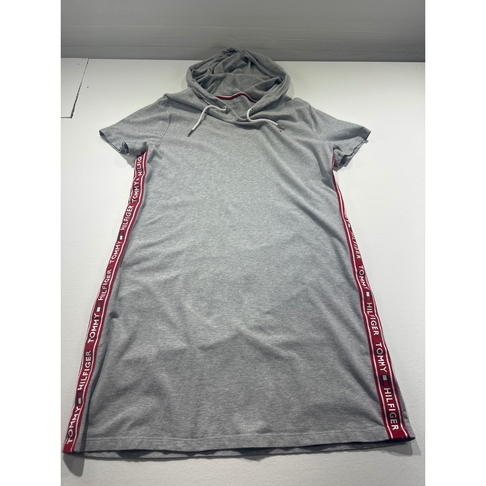 Tommy Hilfiger Womens Gray Short Sleeve Hooded Logo Tape T-Shirt Dress L